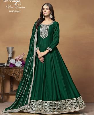 Bottle Green Cording Work Art Silk ed Gown  1