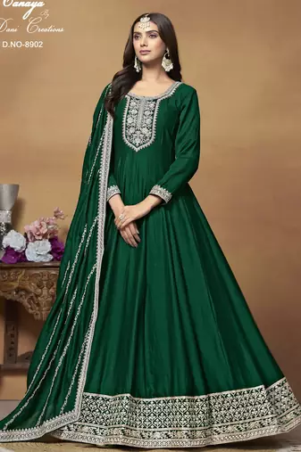 Bottle Green Cording Work Art Silk Semi Stiched Gown 