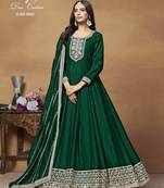 Bottle Green Cording Work Art Silk Semi Stiched Gown 