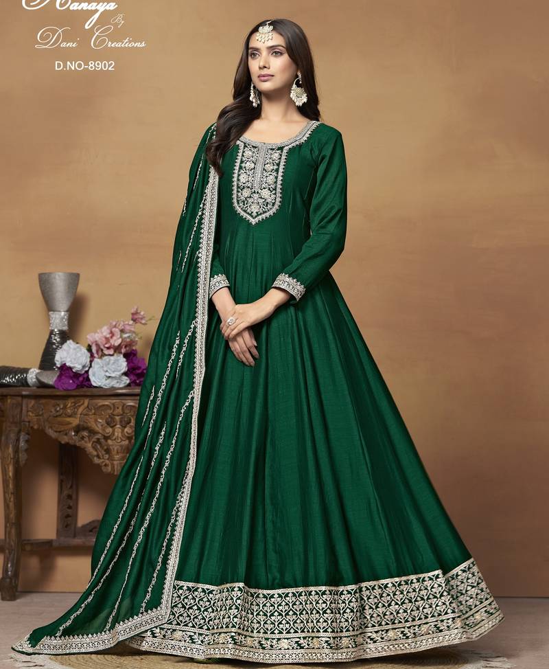 Bottle Green Cording Work Art Silk Semi Stiched Gown 