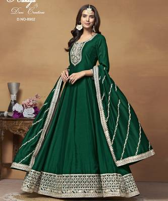 Bottle Green Cording Work Art Silk ed Gown  2