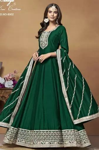 Bottle Green Cording Work Art Silk Semi Stiched Gown 