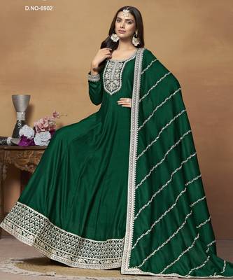 Bottle Green Cording Work Art Silk ed Gown  3