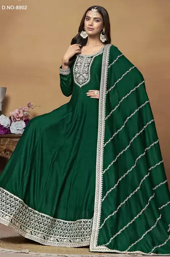 Bottle Green Cording Work Art Silk Semi Stiched Gown 