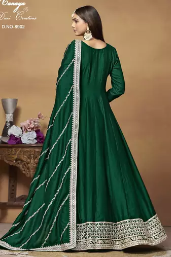 Bottle Green Cording Work Art Silk Semi Stiched Gown 