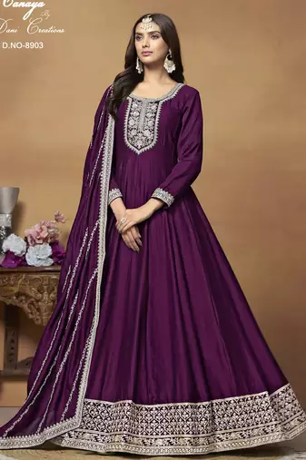 WINE CORDING WORK ART SILK SEMI STICHED GOWN 