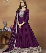 WINE CORDING WORK ART SILK SEMI STICHED GOWN 