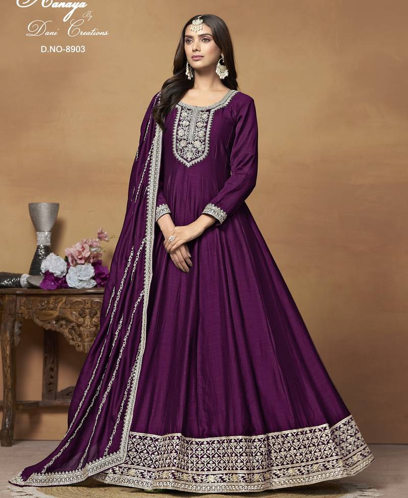 WINE CORDING WORK ART SILK SEMI STICHED GOWN 