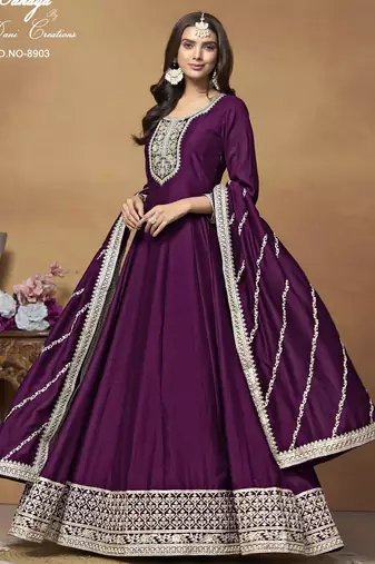 WINE CORDING WORK ART SILK SEMI STICHED GOWN 