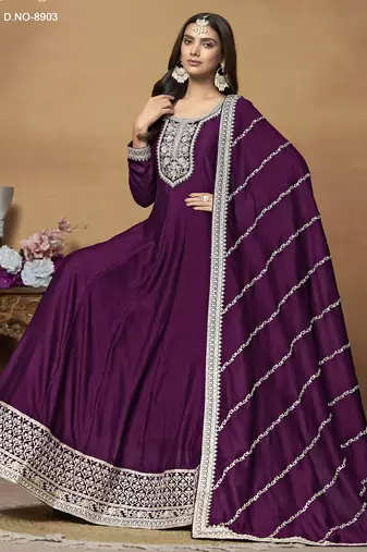 WINE CORDING WORK ART SILK SEMI STICHED GOWN 