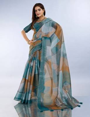 teal blue colour Ready to wear abstract printed erode anmol silk saree with designer unstitched  blouse 1