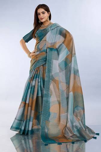 teal blue colour Ready to wear abstract printed erode anmol silk saree with designer unstitched  blouse