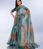 teal blue colour Ready to wear abstract printed erode anmol silk saree with designer unstitched  blouse