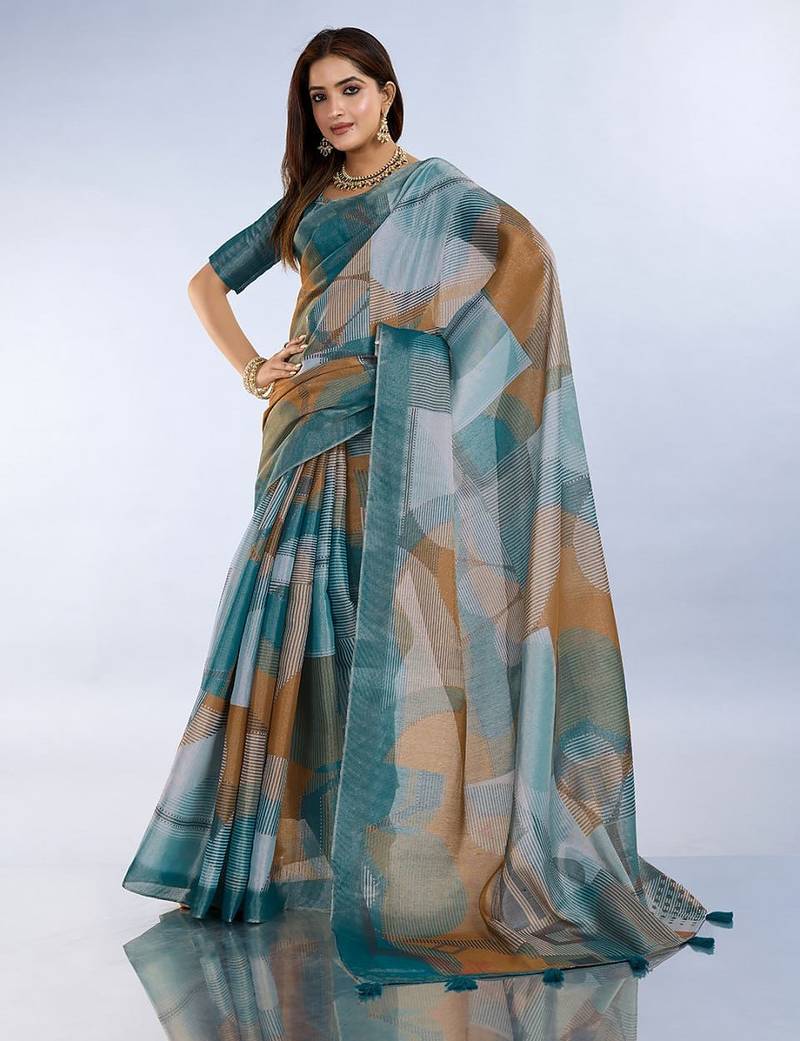 teal blue colour Ready to wear abstract printed erode anmol silk saree with designer unstitched  blouse