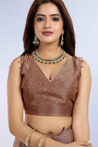 brown pre-stitched abstract printed erode anmol silk saree with designer blouse