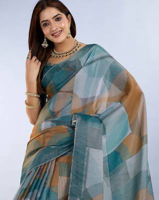teal blue colour Ready to wear abstract printed erode anmol silk saree with designer unstitched  blouse 5
