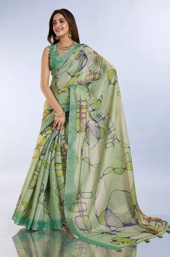 light green colour Ready to wear abstract printed erode anmol silk saree with designer unstitched  blouse