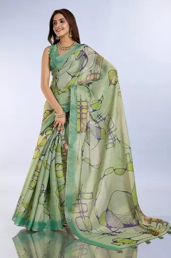 light green colour Ready to wear abstract printed erode anmol silk saree with designer unstitched  blouse