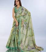 light green colour Ready to wear abstract printed erode anmol silk saree with designer unstitched  blouse