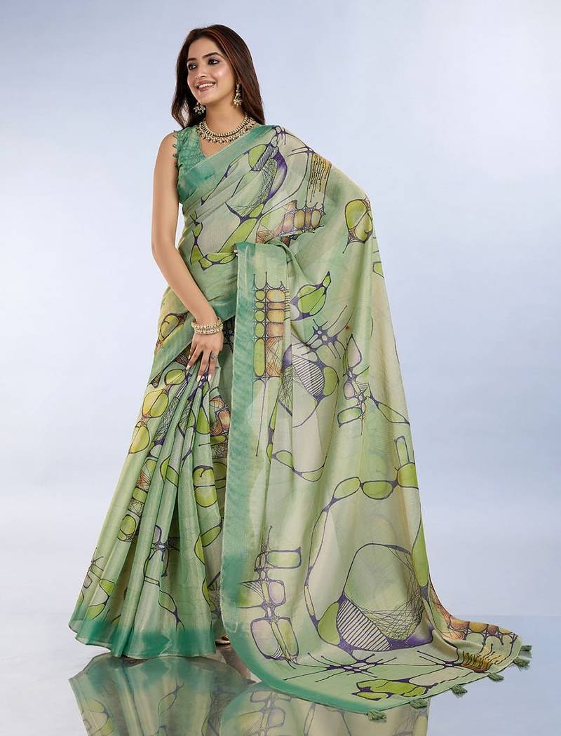 light green colour Ready to wear abstract printed erode anmol silk saree with designer unstitched  blouse