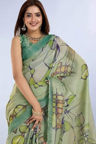 light green colour Ready to wear abstract printed erode anmol silk saree with designer unstitched  blouse