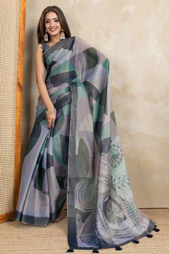 grey colour Ready to wear abstract printed erode anmol silk saree with designer unstitched  blouse