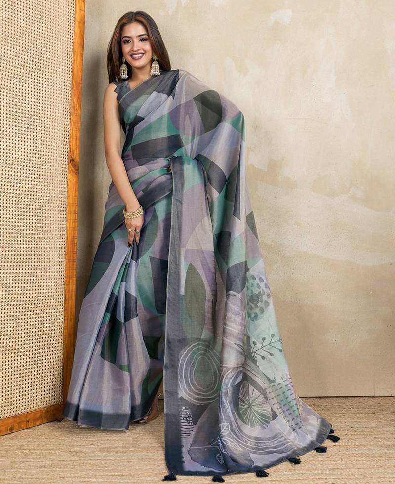 grey colour Ready to wear abstract printed erode anmol silk saree with designer unstitched  blouse