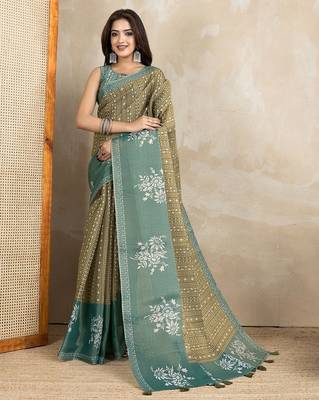 teal colour Ready to wear abstract printed erode anmol silk saree with designer unstitched  blouse 1