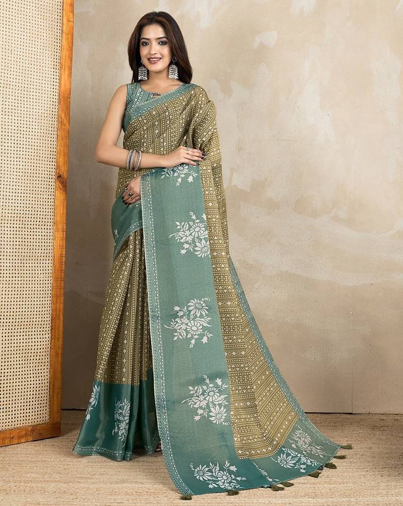 teal colour Ready to wear abstract printed erode anmol silk saree with designer unstitched  blouse