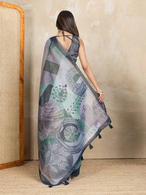 grey colour Ready to wear abstract printed erode anmol silk saree with designer unstitched  blouse 4