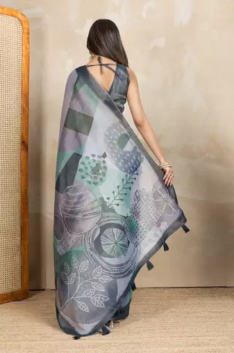 grey colour Ready to wear abstract printed erode anmol silk saree with designer unstitched  blouse