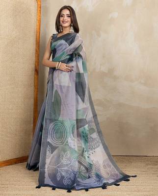 grey colour Ready to wear abstract printed erode anmol silk saree with designer unstitched  blouse 5
