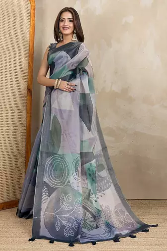 grey colour Ready to wear abstract printed erode anmol silk saree with designer unstitched  blouse