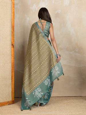 teal colour Ready to wear abstract printed erode anmol silk saree with designer unstitched  blouse 3
