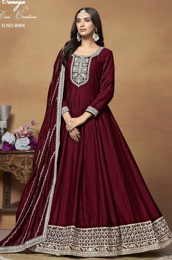 MAROON CORDING WORK ART SILK SEMI STICHED GOWN 