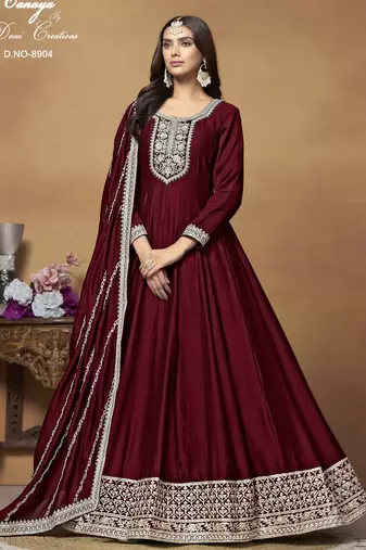 MAROON CORDING WORK ART SILK SEMI STICHED GOWN 