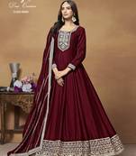 MAROON CORDING WORK ART SILK SEMI STICHED GOWN 
