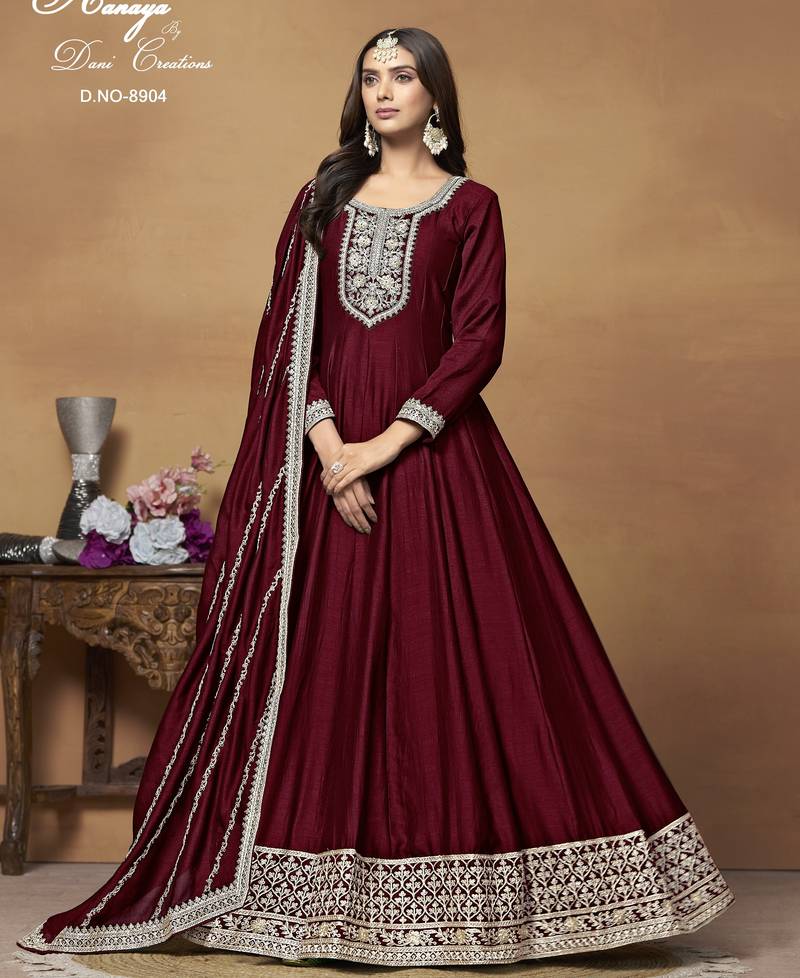 MAROON CORDING WORK ART SILK SEMI STICHED GOWN 