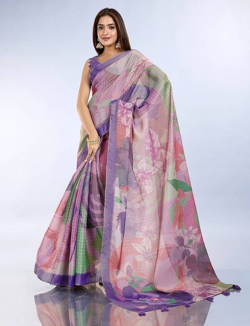 lavender colour Ready to wear abstract printed erode anmol silk saree with designer unstitched  blouse