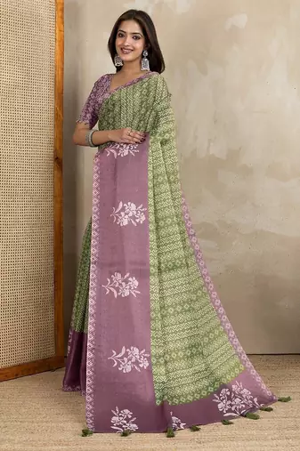 green colour Ready to wear abstract printed erode anmol silk saree with designer unstitched  blouse