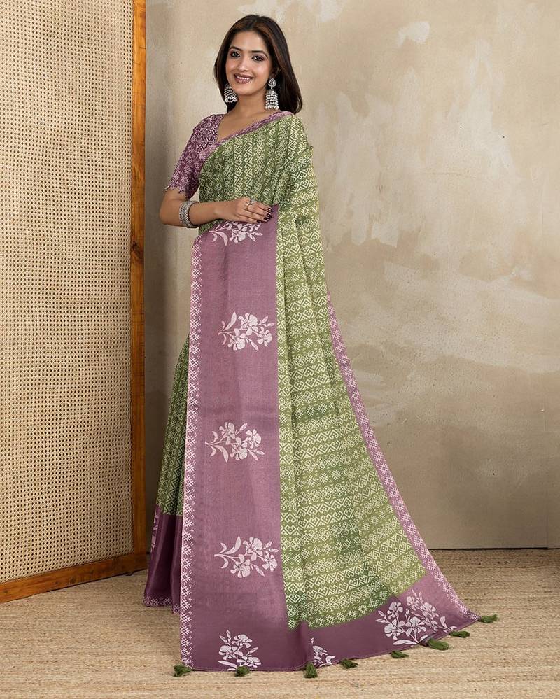 green colour Ready to wear abstract printed erode anmol silk saree with designer unstitched  blouse