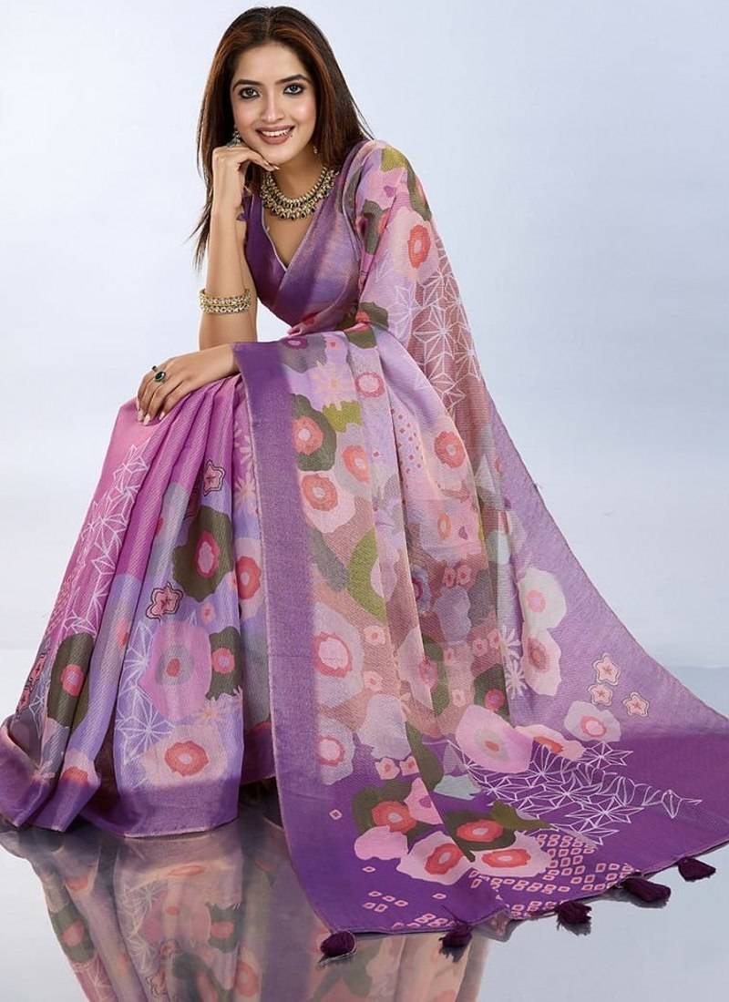lavender colour Ready to wear abstract printed erode anmol silk saree with designer unstitched  blouse