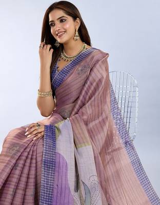 lavender colour Ready to wear abstract printed erode anmol silk saree with designer unstitched  blouse 2