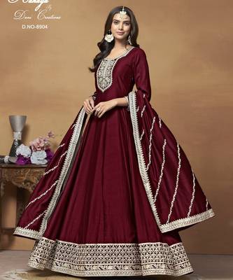 MAROON CORDING WORK ART SILK ED GOWN  2
