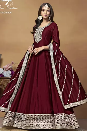 MAROON CORDING WORK ART SILK SEMI STICHED GOWN 