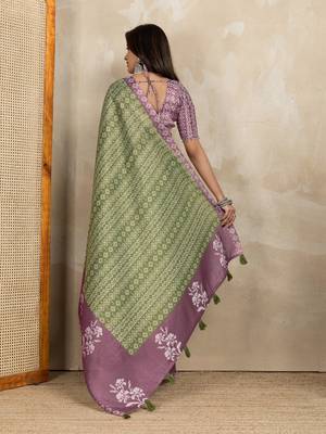green colour Ready to wear abstract printed erode anmol silk saree with designer unstitched  blouse 2