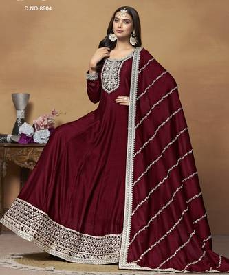 MAROON CORDING WORK ART SILK ED GOWN  3