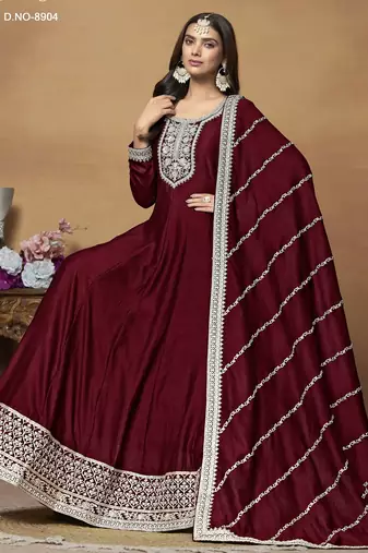 MAROON CORDING WORK ART SILK SEMI STICHED GOWN 