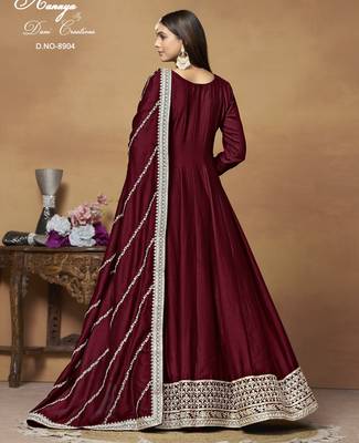 MAROON CORDING WORK ART SILK ED GOWN  4
