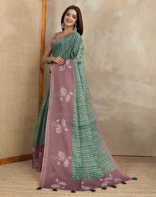 green pre draped abstract printed erode anmol silk saree with designer blouse 2